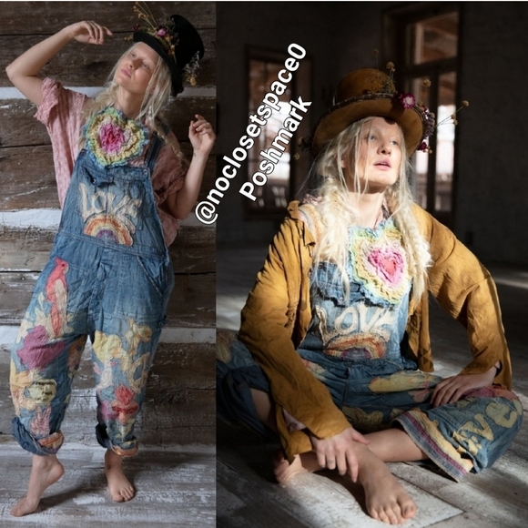 New Magnolia Pearl Love Applique Overalls Woodstock 039 Overall Denim Jean Jeans - Picture 6 of 17